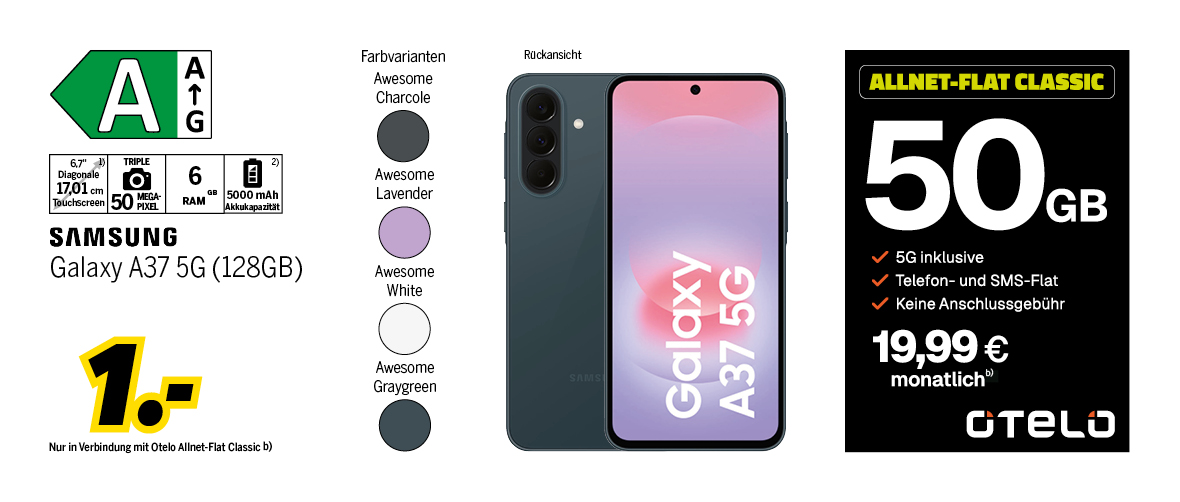 Samsung Galaxy A37 5G mit 128GB für einmalig 1€