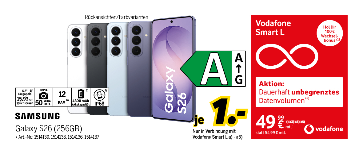 Samsung Galaxy S26 5G mit 256GB für einmalig 1€