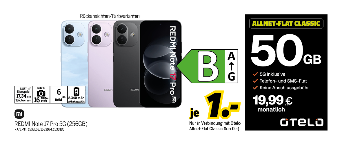 REDMI Note 17 Pro 5G mit 256GB für einmalig 1€
