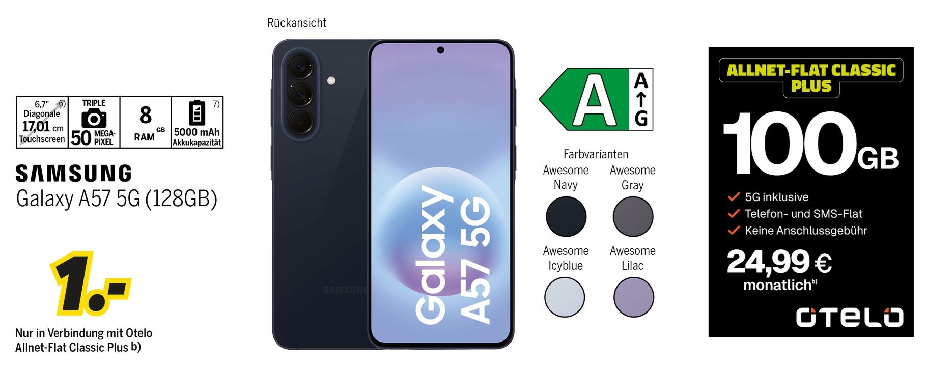 Samsung Galaxy A57 5G mit 128GB für einmalig 1€