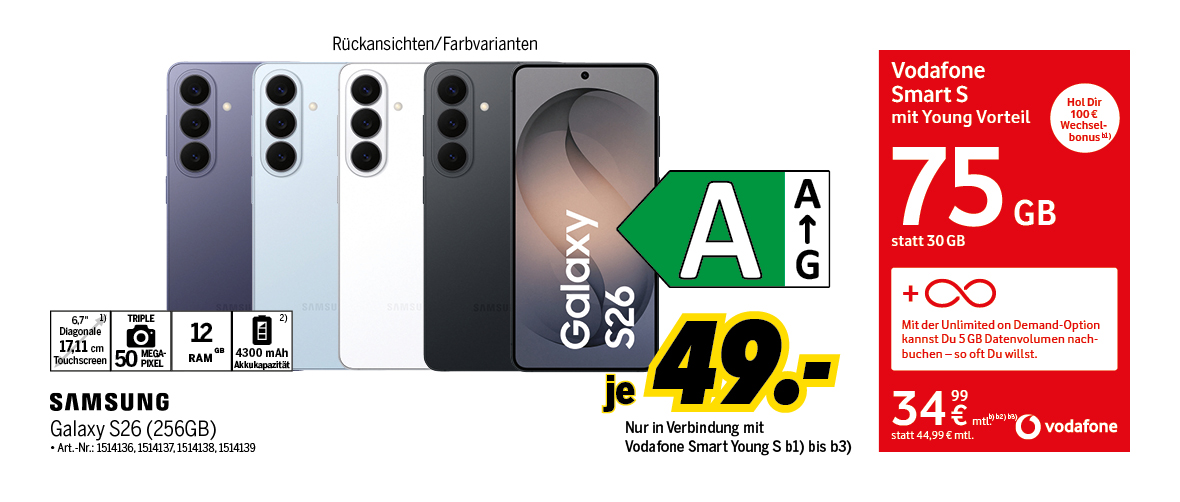 Samsung Galaxy S26 mit 128GB für einmalig 49€