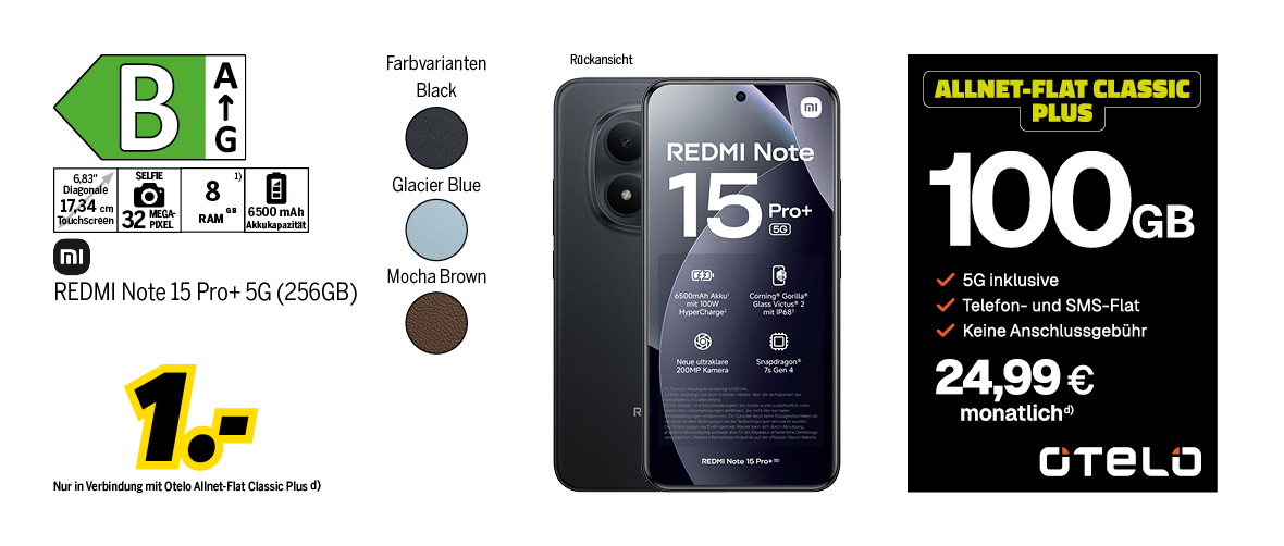 REDMI Note 15 Pro+ 5G mit 256GB für einmalig 1€