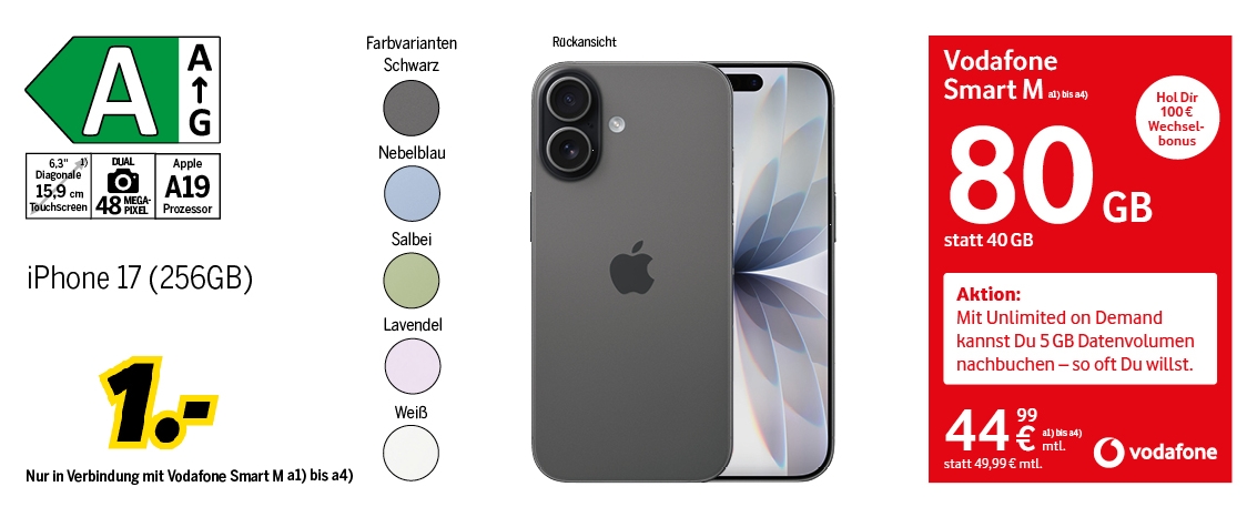 iPhone 17 mit 256GB für einmalig 1€