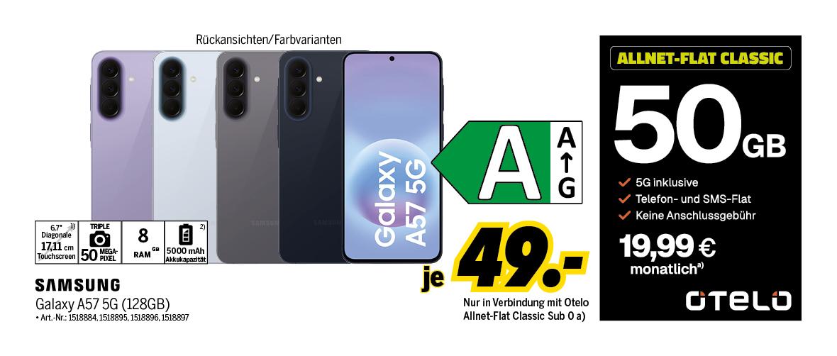 Samsung Galaxy A57 5G mit 128GB für einmalig 49€