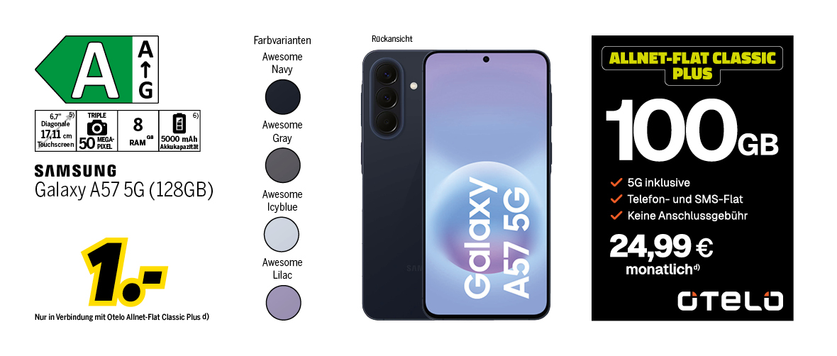 Samsung Galaxy A57 5G mit 18GB für einmalig 1€