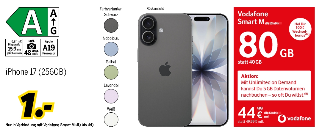 iPhone 17 mit 256GB für einmalig 1€