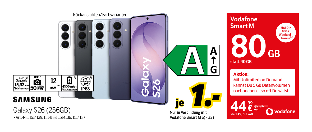 Samsung Galaxy S26 mit 256GB für einmalig 1€