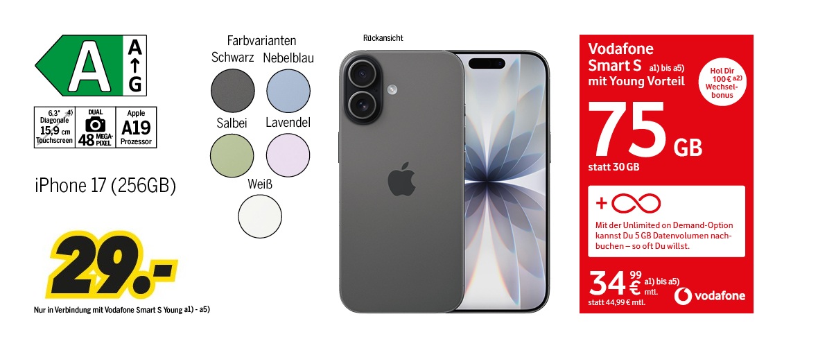 iPhone 17 mit 256GB für einmalig 29€