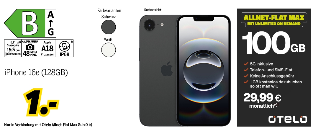 iPhone 16e mit 128GB für einmalig 1€