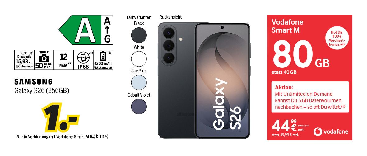 Samsung Galaxy S26 mit 256GB für einmalig 1€