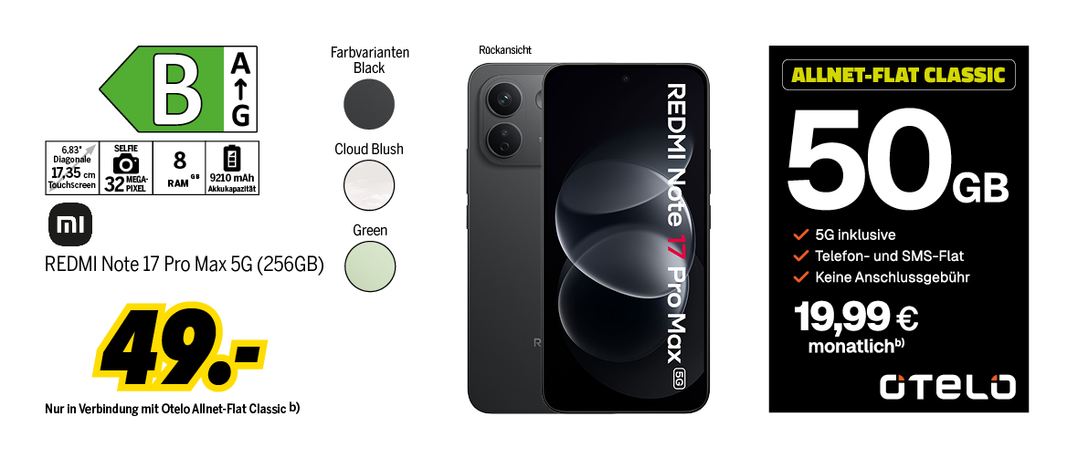 REDMI Note 17 Pro Max 5G mit 256GB für einmalig 49€