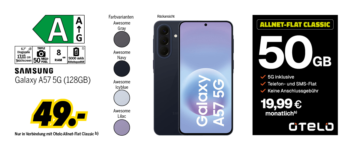 Samsung Galaxy A57 5G mit 128GB für einmalig 49€