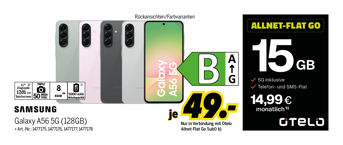 Samsung Galaxy A56 5G mit 128GB für einmalig 49€