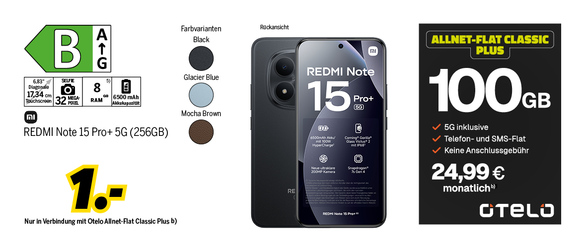 REDMI Note 15 Pro+ 5G mit 256GB für einmalig 1€